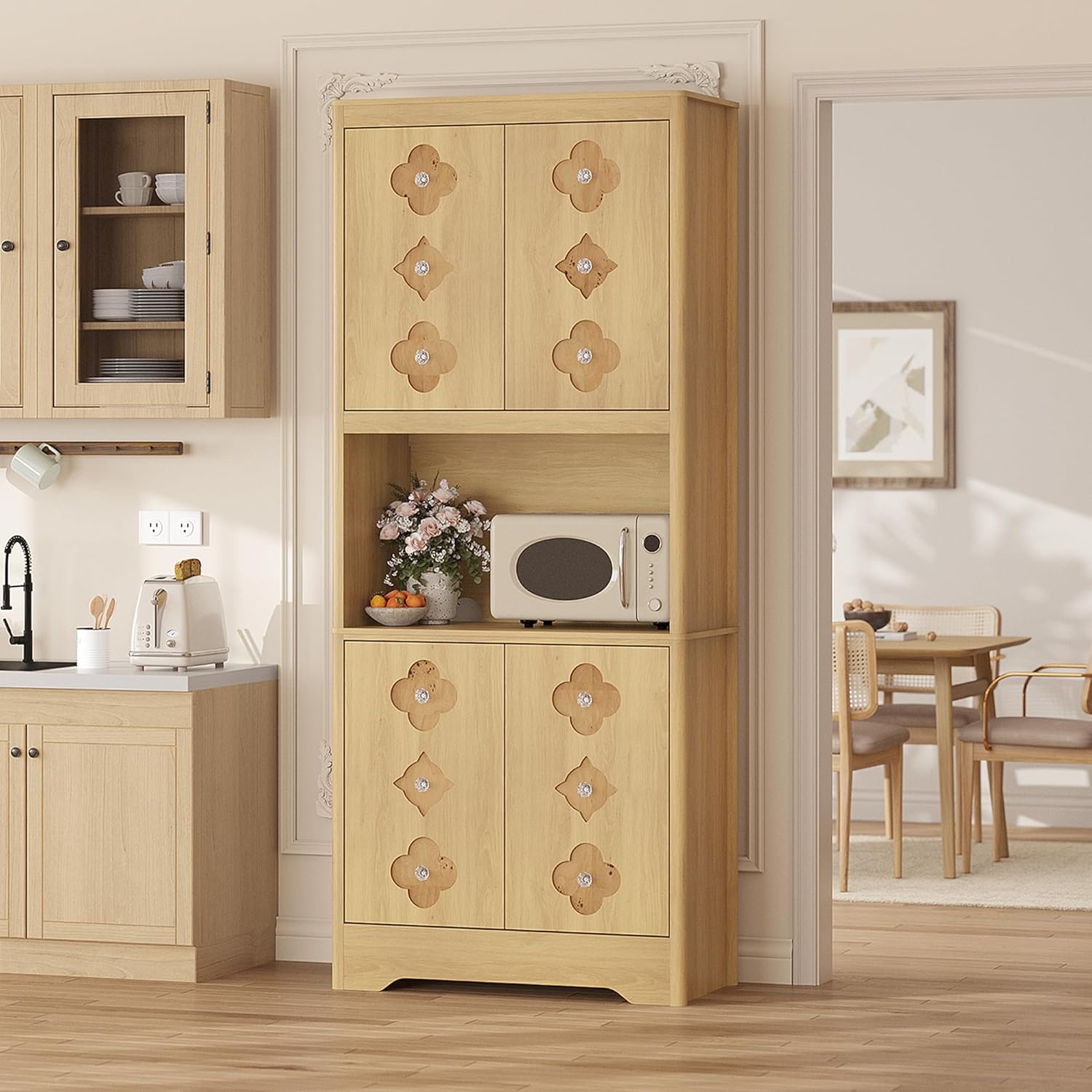 GarveeHome 72" Tall Pantry Cabinet with Carved Door, Kitchen Storage Cabinet with Shelf for Microwave, Freestanding Wooden Cupboard with Crystal Handle, for Dining Living Room, Light Oak
