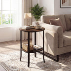 Giantex Round Side Table Set of 2, 2-Tier Small Sofa Couch End Table with Storage Shelf & Steel Frame, Wood Bedside Night Stand for Small Space Bedroom Living Room (Rustic Brown)