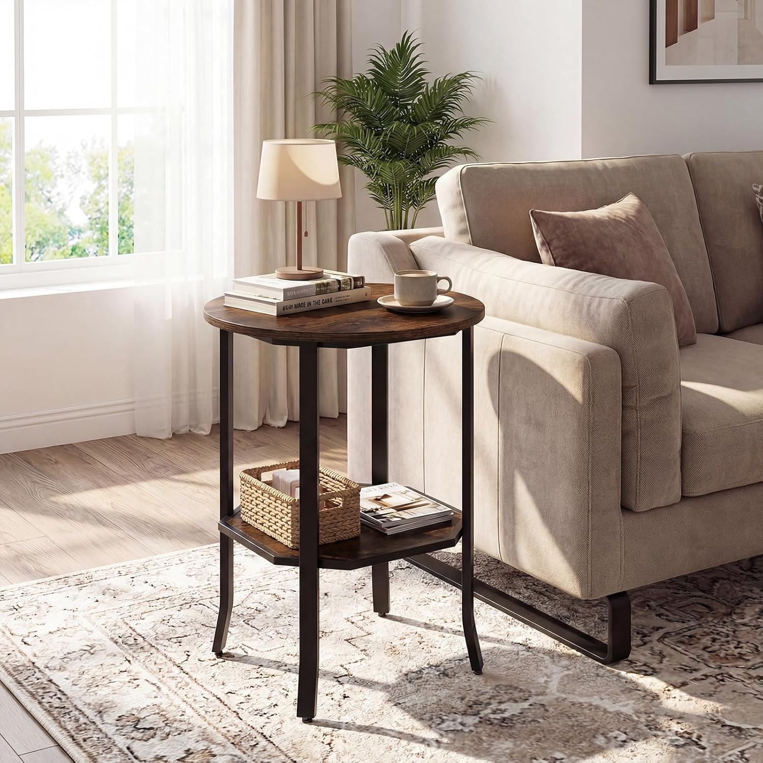 Giantex Round Side Table Set of 2, 2-Tier Small Sofa Couch End Table with Storage Shelf & Steel Frame, Wood Bedside Night Stand for Small Space Bedroom Living Room (Rustic Brown)