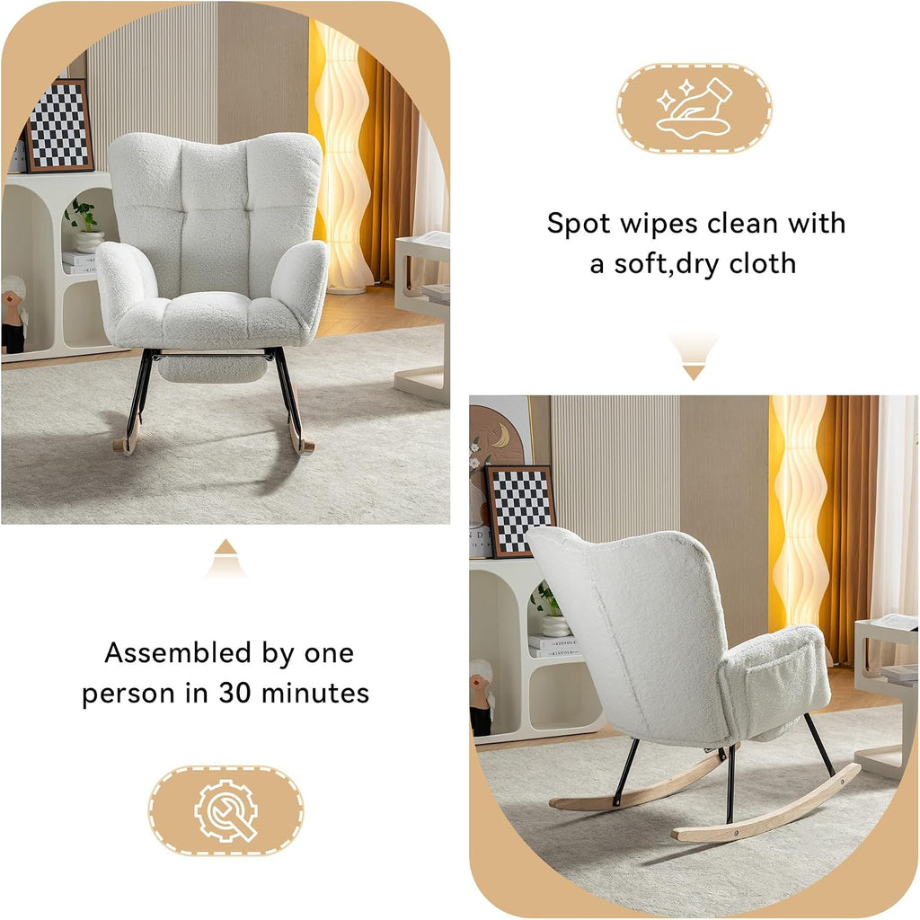 Teddy Fabric Leisure Rocking Chair with Adjustable Footstool – High Backrest Nursery Rocking Chair in Ivory, Solid Wood & Metal Base for Living Room, Bedroom & Baby Room