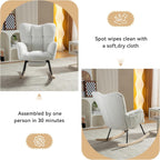 Teddy Fabric Leisure Rocking Chair with Adjustable Footstool – High Backrest Nursery Rocking Chair in Ivory, Solid Wood & Metal Base for Living Room, Bedroom & Baby Room