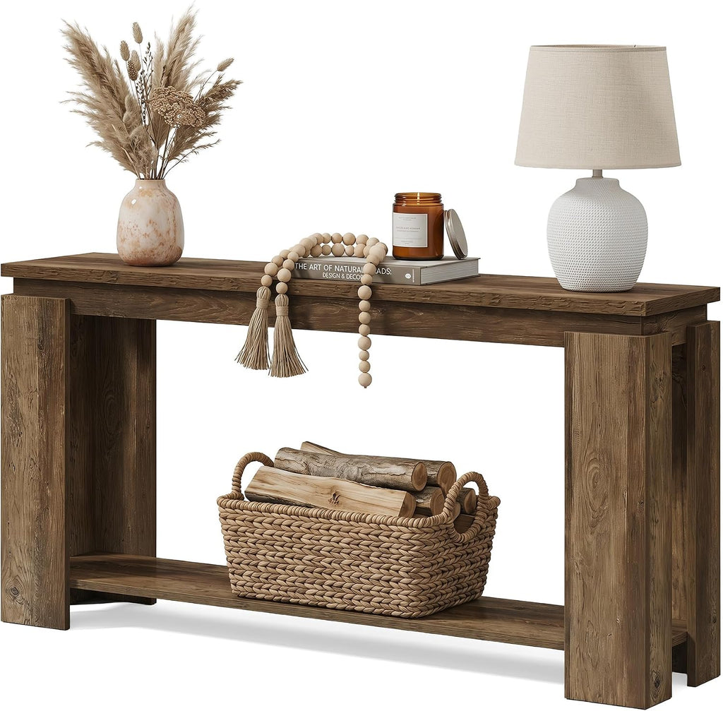 LITTLE TREE Long Entryway Table, 63-Inch Narrow Farmhouse Console Sofa Table for Behind Couch, Hallway, Entry Way, Entrance, Foyer, Living Room with 2-Tier Shelves, Vintage Brown