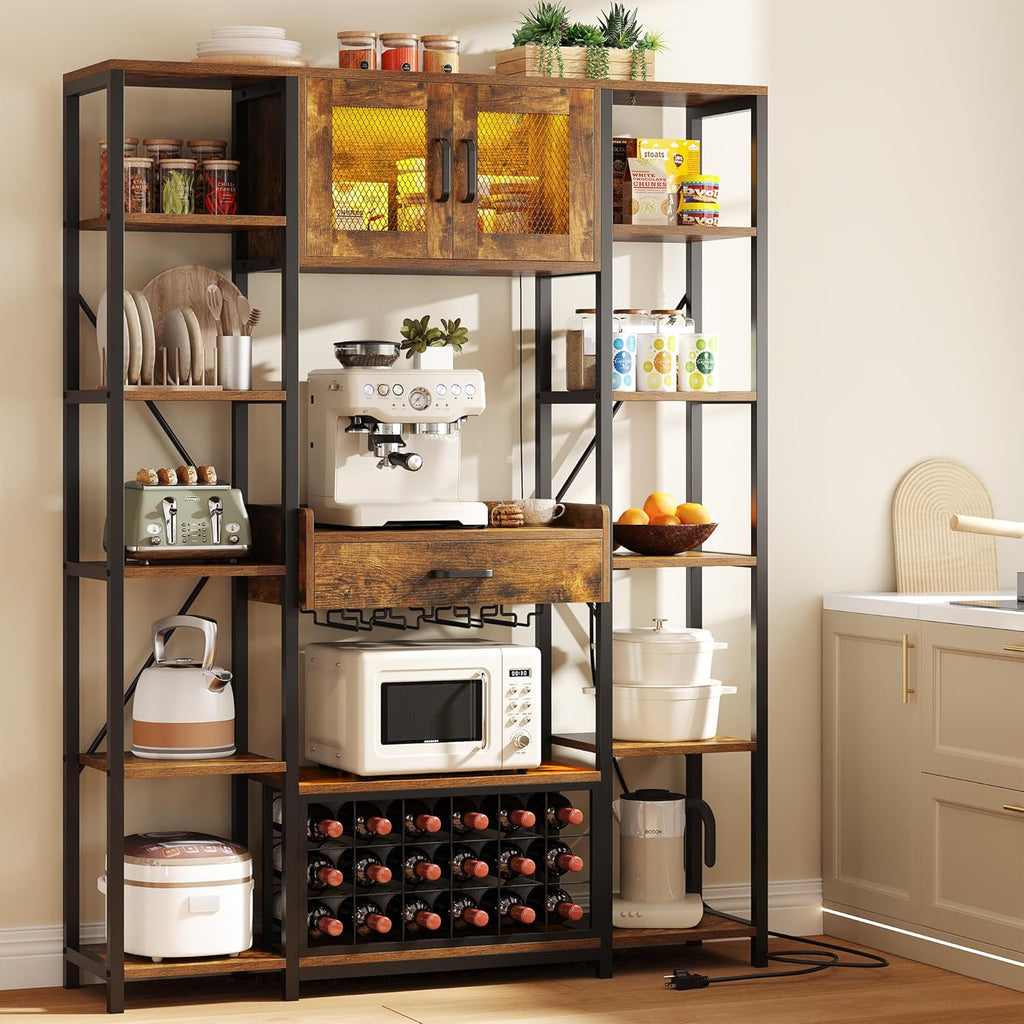 kepptory 65.35" Industrial Bakers Rack with Power Outlet & LED Light, Large Coffee Bar Cabinet with Drawer & Storage Cabinet, 5-Tier Microwave Stand with Glass Holder & Wine Rack, Rustic Brown