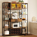 kepptory 65.35" Industrial Bakers Rack with Power Outlet & LED Light, Large Coffee Bar Cabinet with Drawer & Storage Cabinet, 5-Tier Microwave Stand with Glass Holder & Wine Rack, Rustic Brown