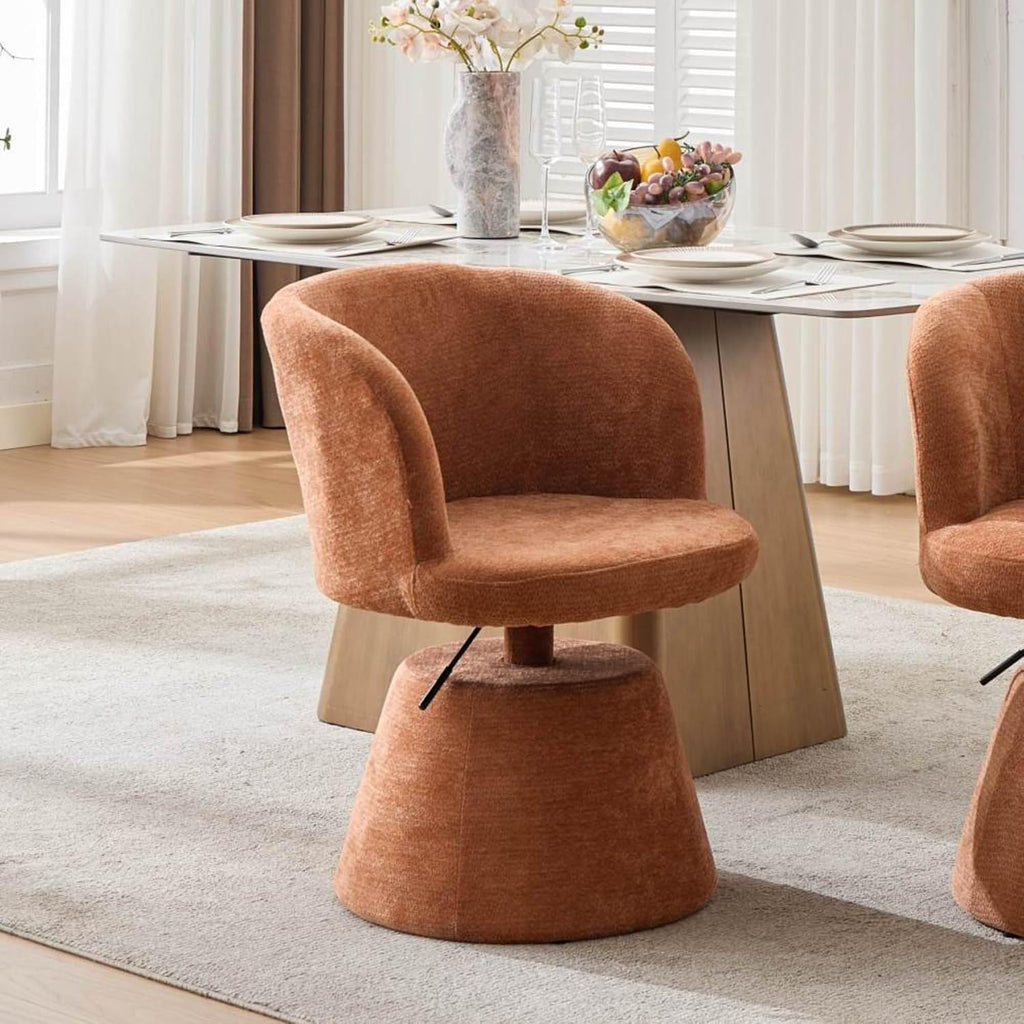 Adjustable Height 360° Swivel Bar Stool, Modern Chenille Upholstered Round Dining Chair, Ergonomic Accent Vanity Chair for Kitchen Island Bedroom Pub (Orange)
