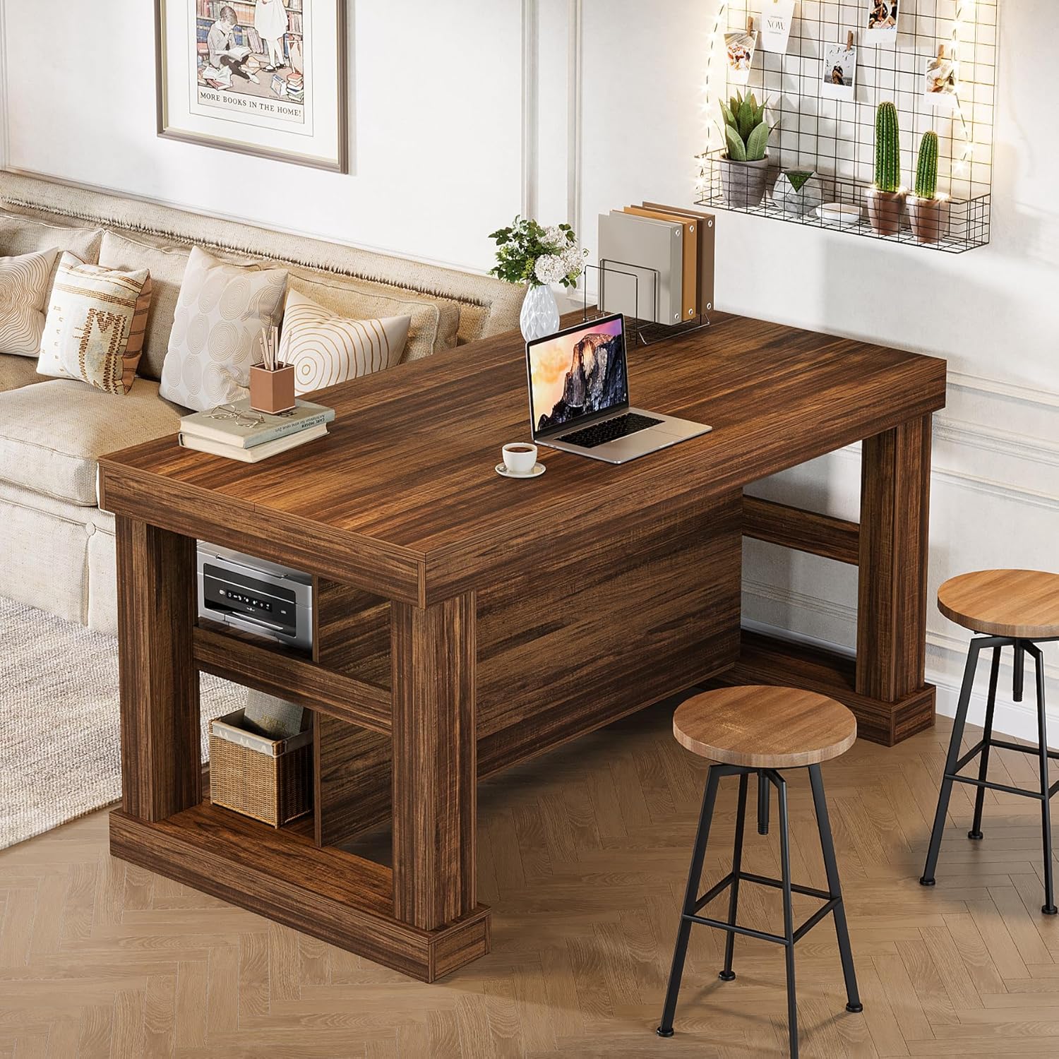 Tribesigns Bar Table, 55-Inch Counter Height Pub Table with Storage Shelves, High Top Kitchen Dining Table, Rectangle Wood Home Bar Unit for Dining Room, Bistro, Dark Brown