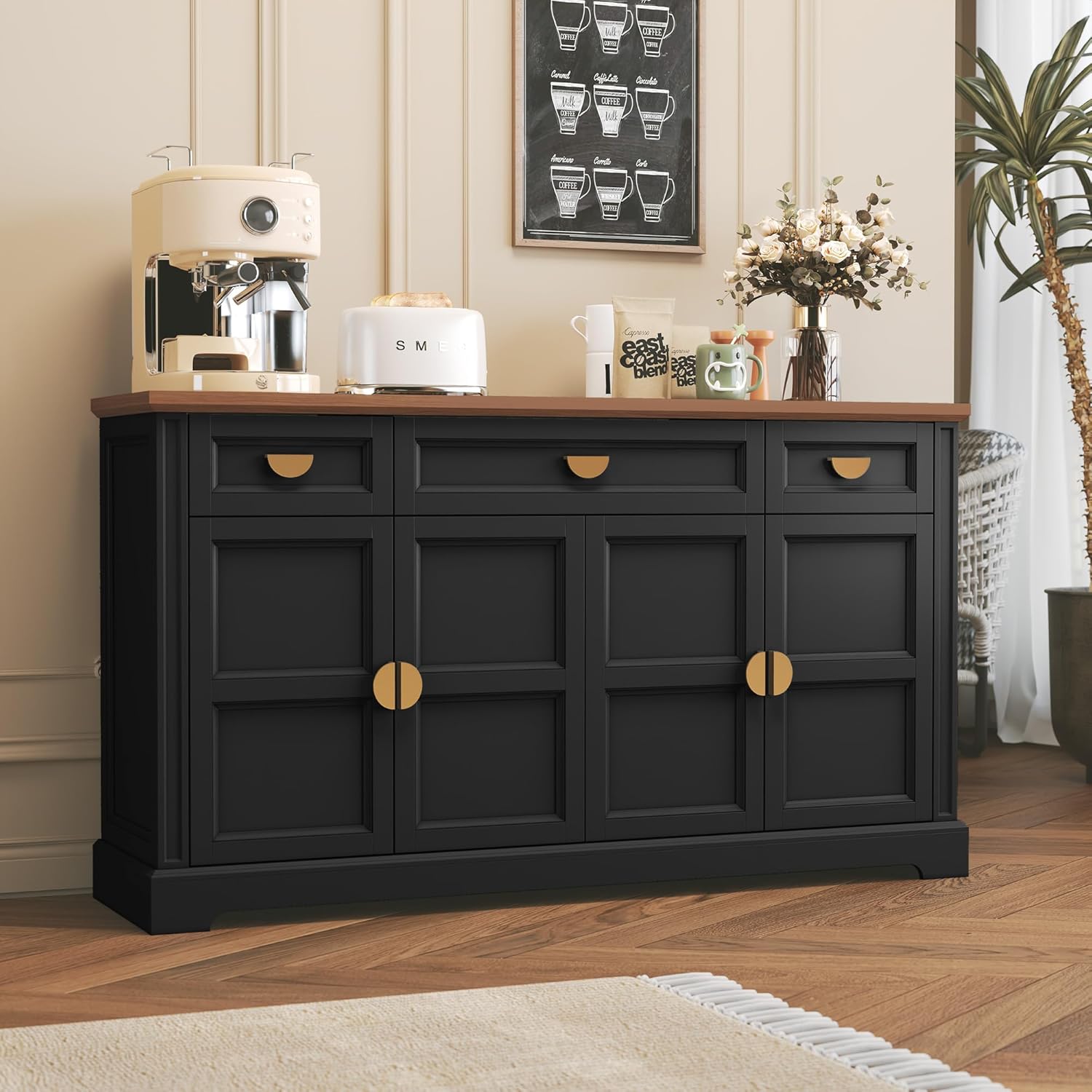 HLR 60” Large Buffet Sideboard Cabinet with 4 Doors and 3 Drawers Shaker Style, Coffee Bar Storage Cabinet for Dinning Room, Kitchen, Living Room, Black