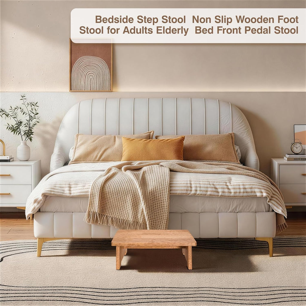 Solid Wood Stool Wooden Step Stools for Adults Kids with Anti-Slip Feet, Heavy Duty Stepping Stools with 450-LBS Capacity for Bedroom Kitchen Bathroom, Bed Steps for High Beds