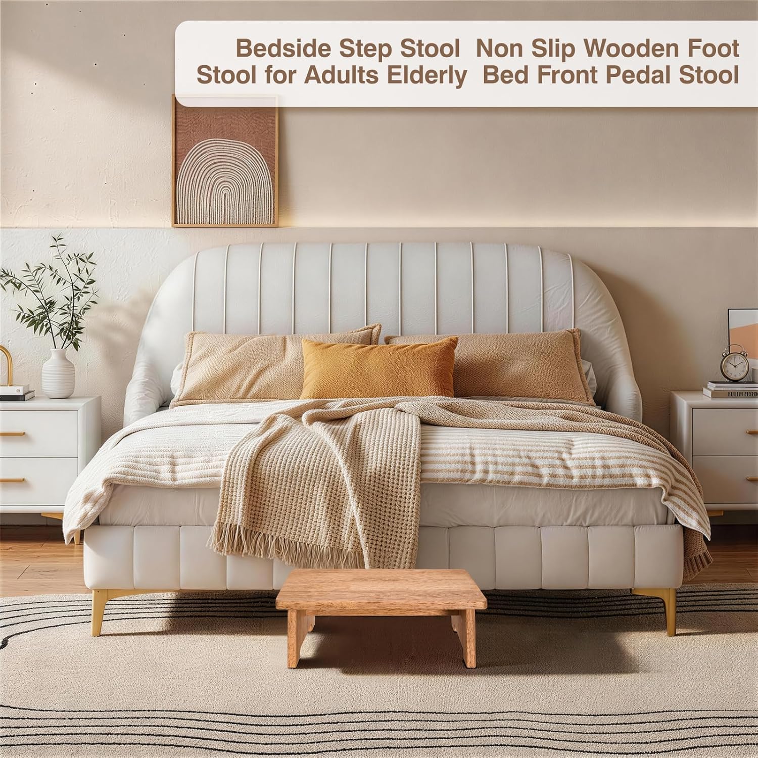 Solid Wood Stool Wooden Step Stools for Adults Kids with Anti-Slip Feet, Heavy Duty Stepping Stools with 450-LBS Capacity for Bedroom Kitchen Bathroom, Bed Steps for High Beds