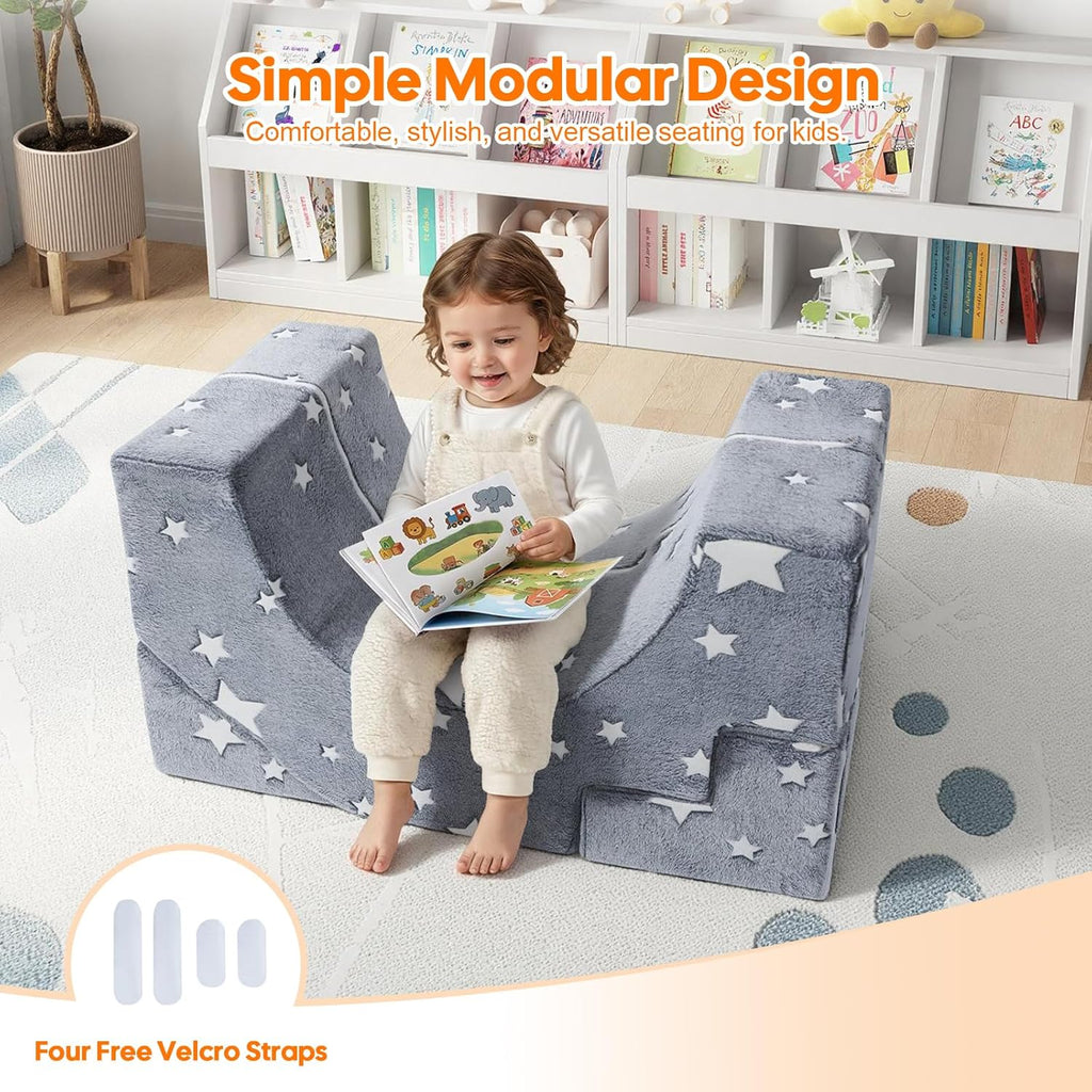 MeMoreCool Toddler Foam Climbing Couch – Modular Kids Sofa with Slide & Stairs | Convertible Sectional Play Couch for Babies & Toddlers, Glow‑in‑the‑Dark Stars, Soft Foam Playroom Furniture