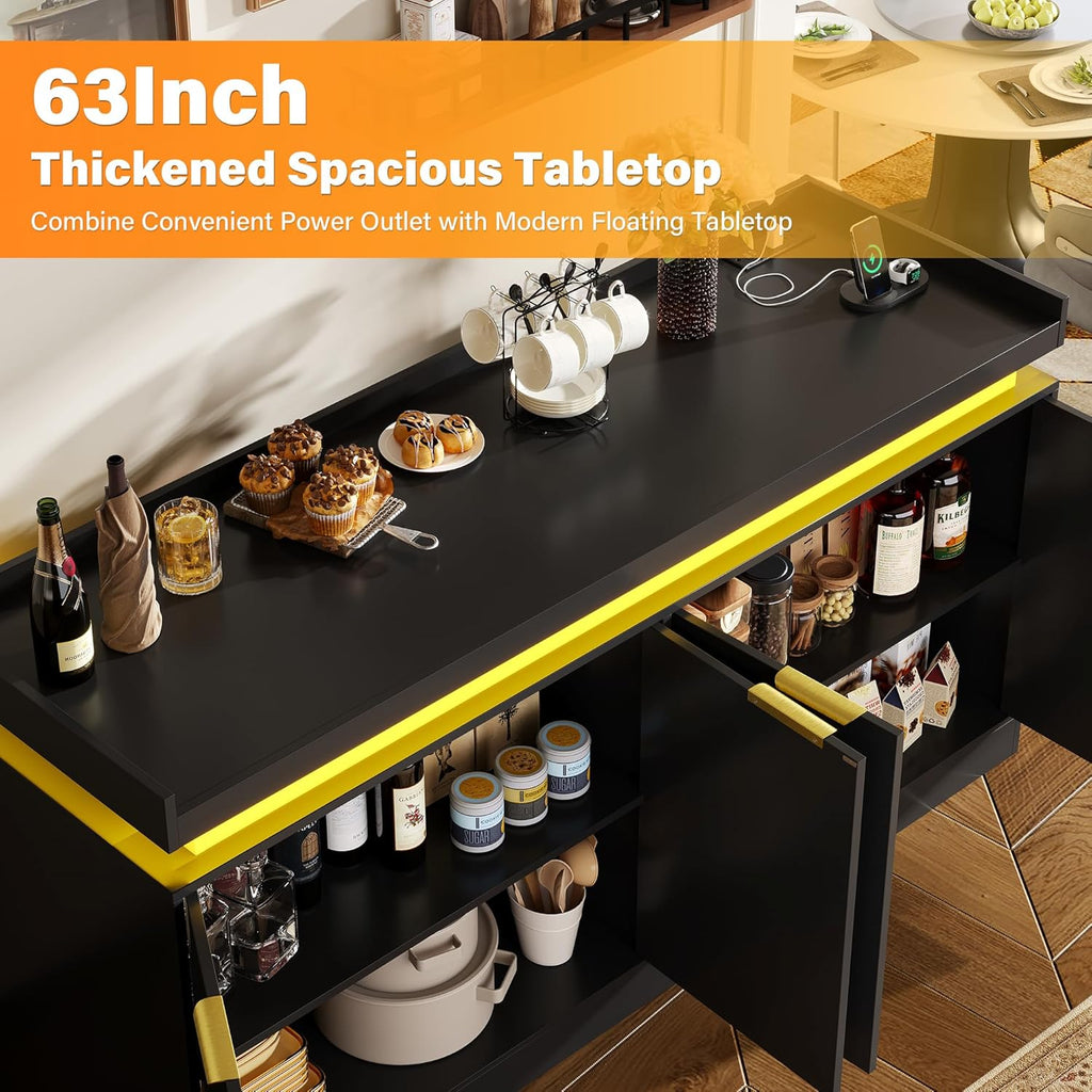 UNIQUITE 63" Sideboard Buffet Cabinet, Kitchen Buffet Cabinet Storage Cabinets with Power Outlets & LED Light, Modern Sideboard Coffee Bar Buffet Cabinets for Kitchen, Dinning, Living Room
