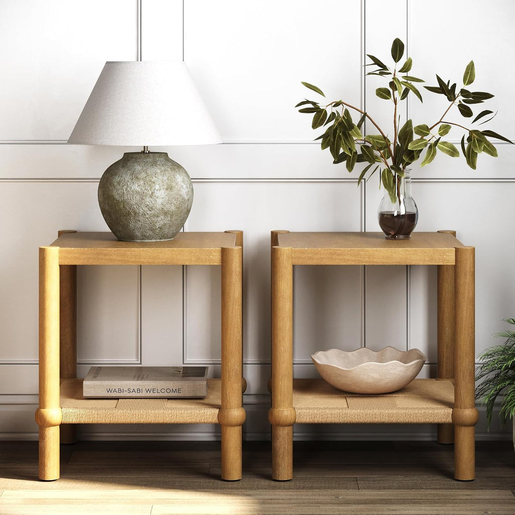 Nathan James River Modern Coastal Side Table with Solid Wood Legs and Seagrass Storage Shelf, Light Brown Set of 2