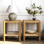 Nathan James River Modern Coastal Side Table with Solid Wood Legs and Seagrass Storage Shelf, Light Brown Set of 2