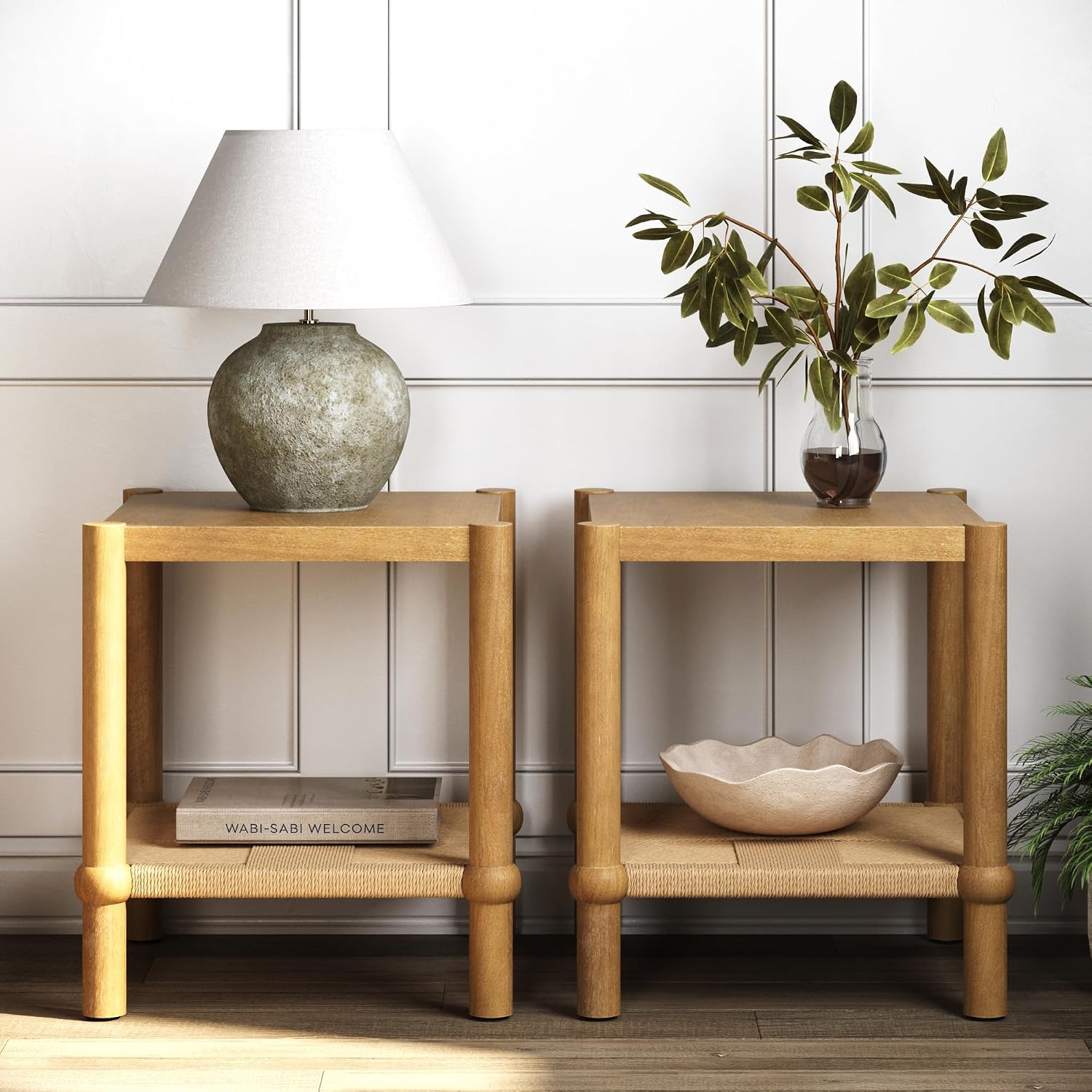 Nathan James River Modern Coastal Side Table with Solid Wood Legs and Seagrass Storage Shelf, Light Brown Set of 2