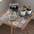 Mexican Tile Mosaic Side Table, Walnut Color Square Ceramic Accent Table with Tapered Legs, Handmade Living Room End Table (Style-1)
