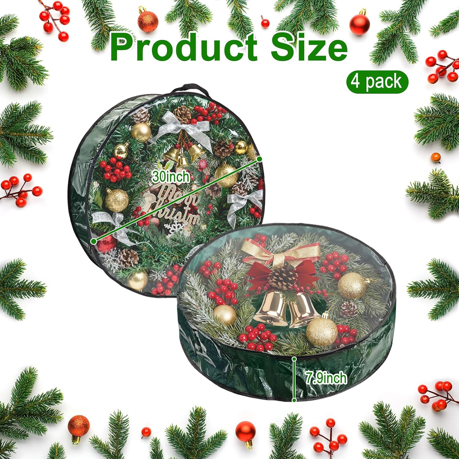 4 Pack 30x8Inch Christmas Wreath Storage Container, Large Clear Holiday Garland Storage Bags with Handle(Green)