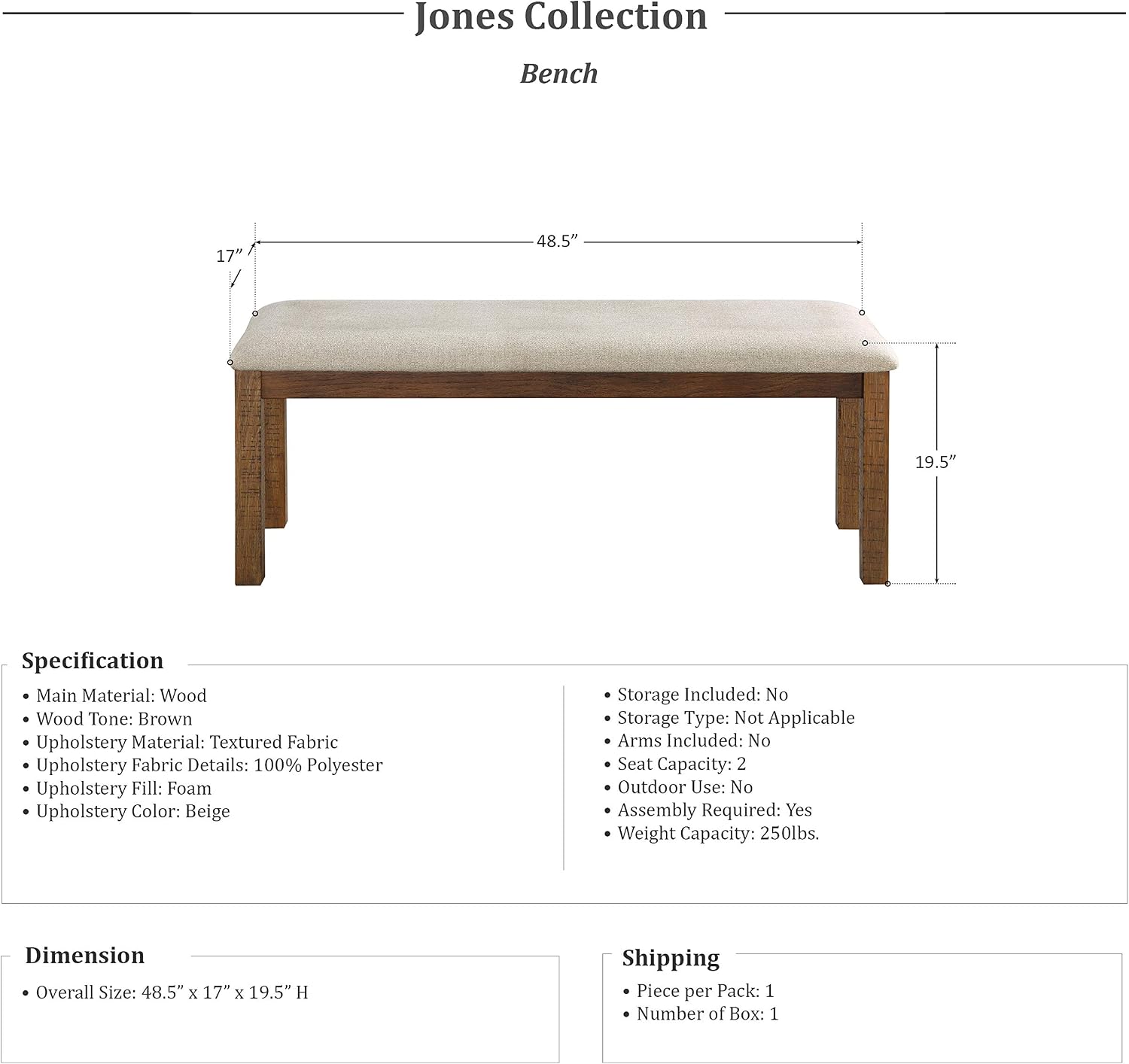 Lexicon Jones Dining Bench, Brown