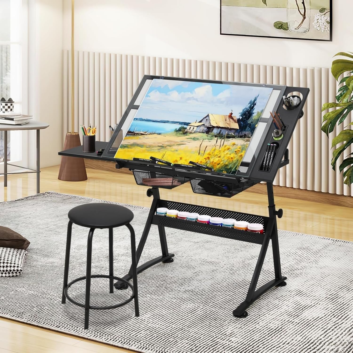 Glass Drafting Table and Stool Sets, Adjustable Height Drawing Table Art Craft Artist Desk Tilting Glass Tabletop with 2 Storage Drawers for Home Office (Black)
