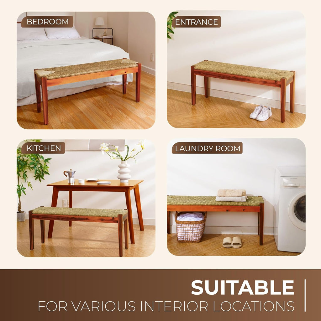 Vintage Entryway Bench, 47 inch Acacia Wood Bench with Woven Seagrass Seat, Entryway Bench, Wicker Bench Indoor for Hallway, End of Bed, Rustic Farmhouse Boho Style, Indoor Decorative Bench (Brown)