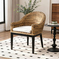 DUHOME Rattan Accent Chair - Modern Armchair with Natural Rattan Armrest, Black Solid Wood Legs & Inset Beige Cushion, Leisure Chair for Balcony Living Room