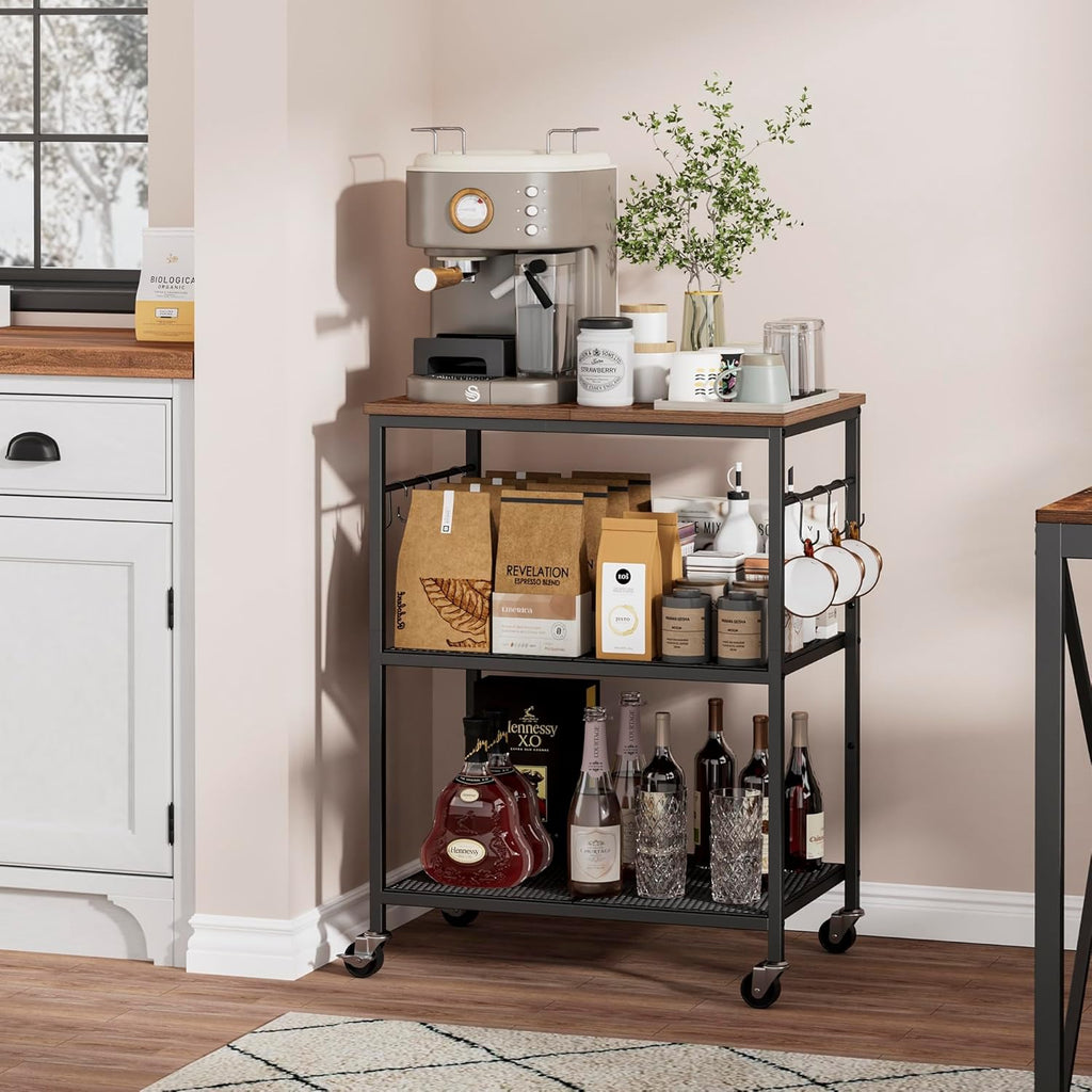 Homleke 3-Tier Rolling Kitchen Microwave Cart, Kitchen Utility Cart on Lockable Wheels, Coffee Bar Table Station with 6 S-Shaped Hooks, Small Appliance Storage Shelf, Rustic Brown and Black