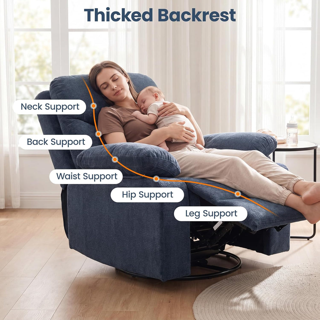 FiveWillowise Rocking Chair Nursery with Adjustable Armrests, 360° Swivel Rocker Recliner for Moms, Manual Gilder Rocker Nursing Chair with Wide Foot Rest for Living Room, Bedroom, Dark Blue