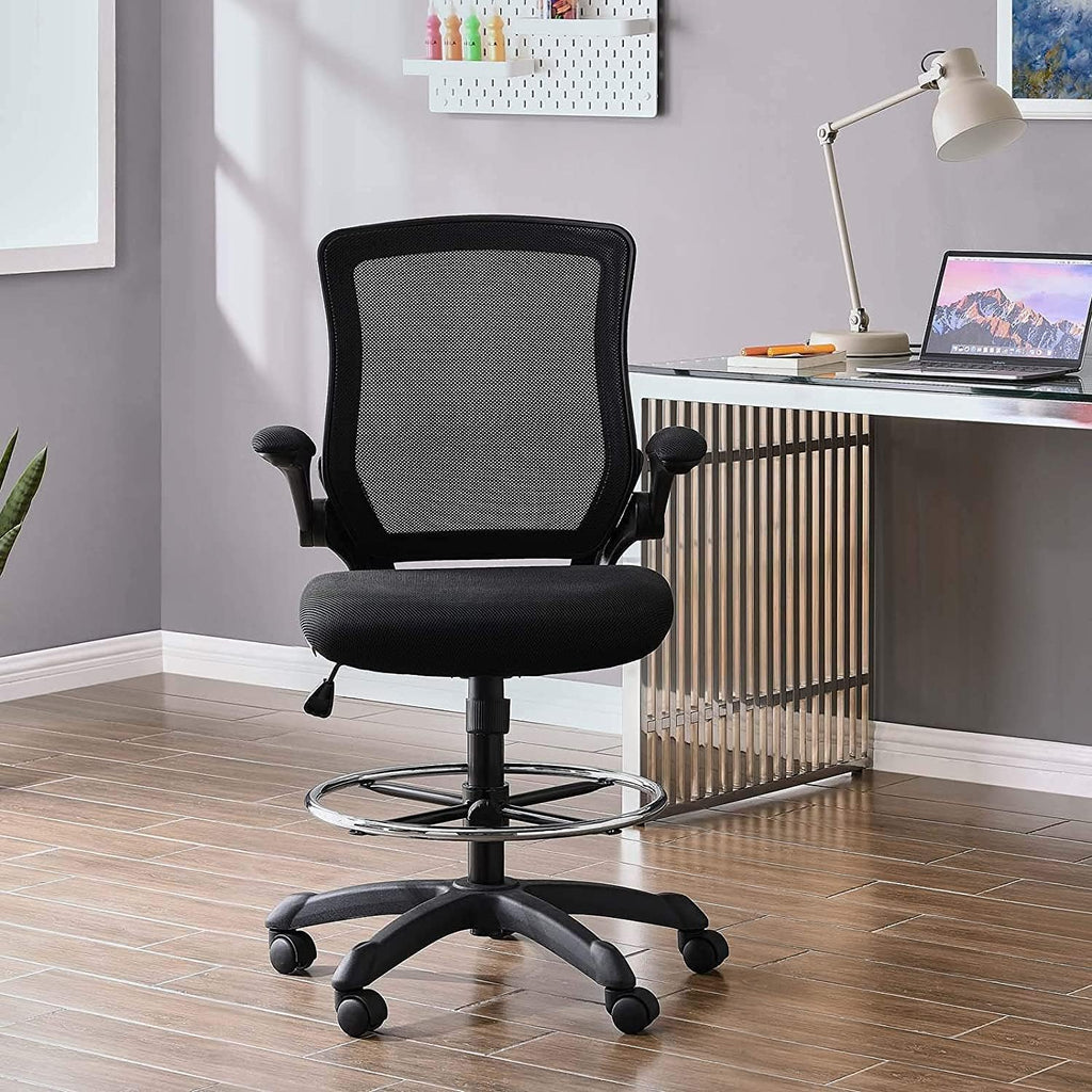 Modway Veer Reception Desk Flip-Up Arm Drafting Chair in Black