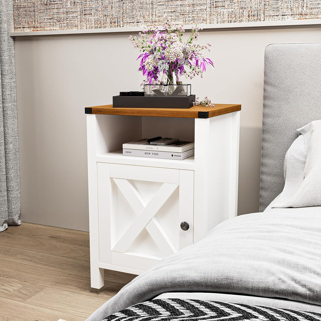 Farmhouse End Table Set of 2, Rustic Vintage End Side Table with Barn Door and Storage Shelf, White Wood Night Satnd for Bedroom, Living Room,White