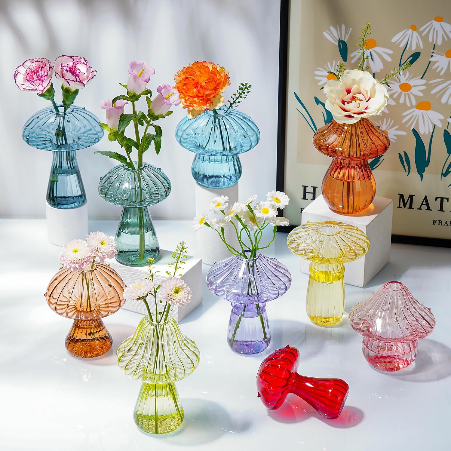 Mushroom Vase, Set of 10 Colored Flower Vase, Propagation Stations Vases, Small Bud Vases Home Decor Cute Glass Mushroom Planter for Room Office Decoration (10Pcs Colorful)