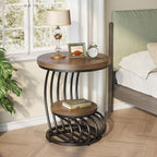 LITTLE TREE Round Side Table, Wood End Table with 2-Tier Storage Shelf, Accent Coffee Table, Creative Curved Metal Frame End Table for Small Spaces, Living Room, Bedroom, Light Brown + Black