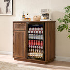 Okvnbjk Mini Fridge Cabinet with Storage & Power Outlet, Walnut | Coffee Bar Cabinet with Fridge Space, Fluted Bar Cabinet for Living Room, Dining Room, Dorm