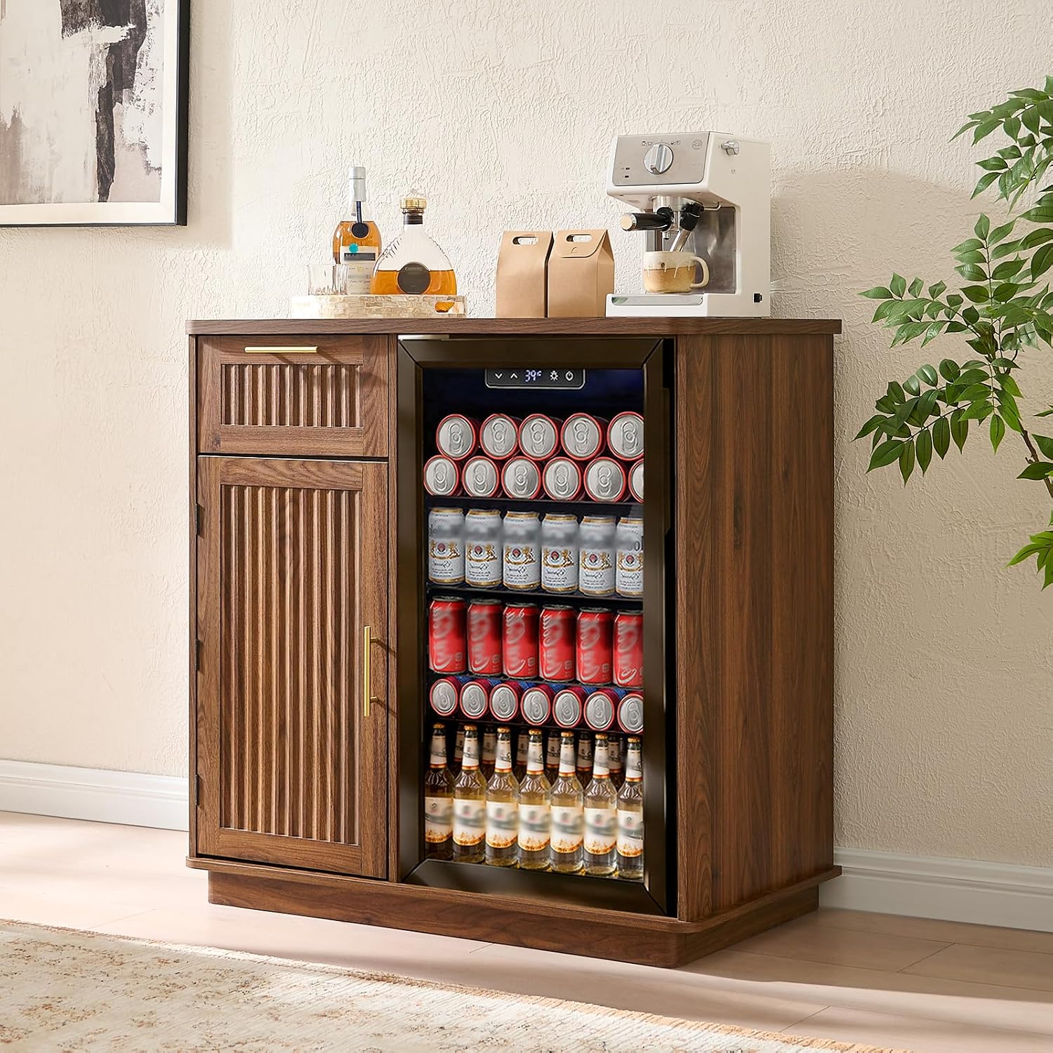 Okvnbjk Mini Fridge Cabinet with Storage & Power Outlet, Walnut | Coffee Bar Cabinet with Fridge Space, Fluted Bar Cabinet for Living Room, Dining Room, Dorm