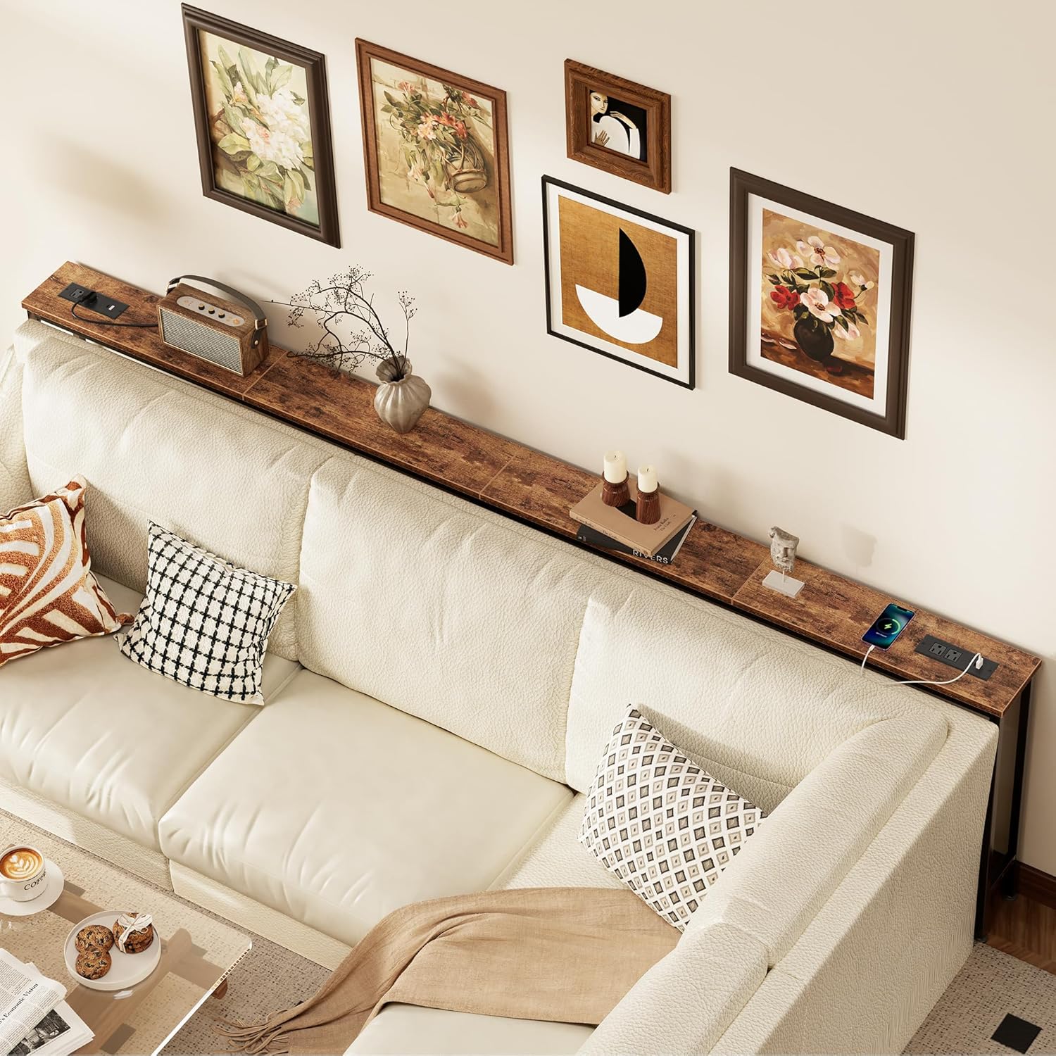 SUPERJARE 102.4 Inch Sofa Table with Power Outlets and USB-C Ports, 5.9 Inch Narrow Console Tables, Entryway Hallway Couch Tables with Storage, Behind Sofa, Small Spaces, Living Room, Rustic Brown