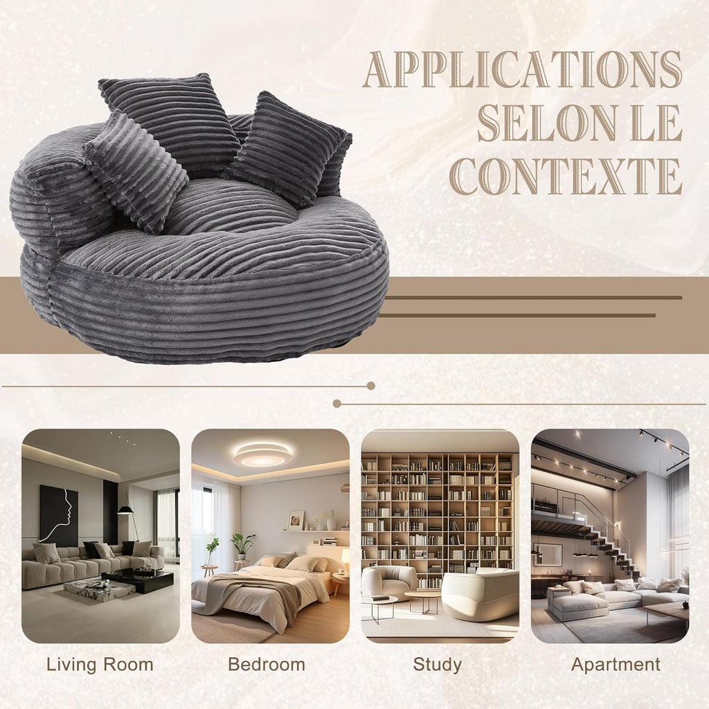 Oversized Round Chair with Pillows, Chaise Lounge Chair, Modern Cloud Lounge Floor Sofa, Ultra Soft Fluffy Deep Seat for Reading & Relaxing, Perfect for Living Room, Bedroom & Apartment Dark Gray
