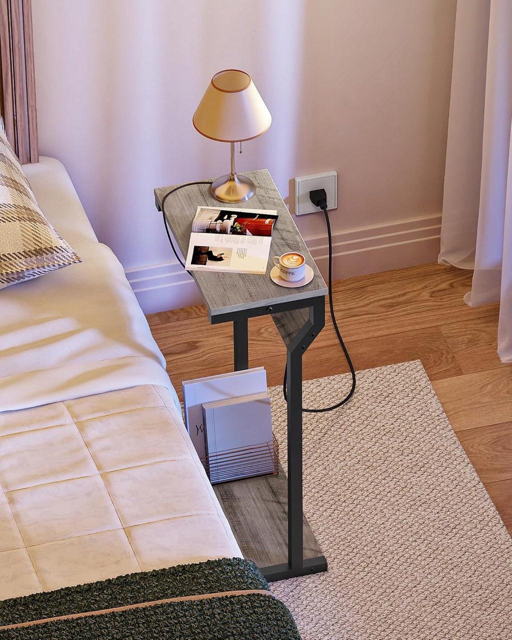 CHOEZON Narrow Side Table with Charging Station and End Table Bundle, Skinny End Table for Small Spaces, Mini Fridge Stand with Storage for Living Room, Bedroom TBZ27UBG-TBZ55BF