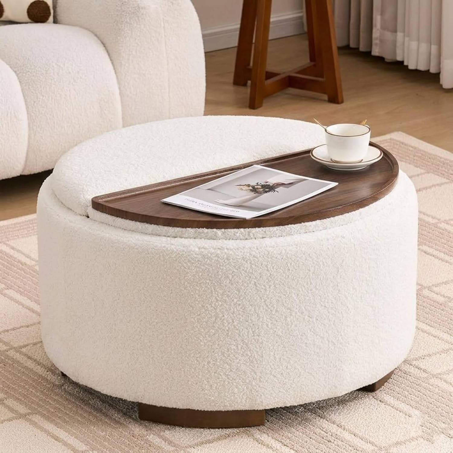 29.5 Inch Round Storage Ottoman Coffee Table, Modern Teddy Ottoman with Storage with Dual Reversible Lids and Solid Wood Legs, Upholstered Circle Coffee Table for Living Room, Bedroom, Beige