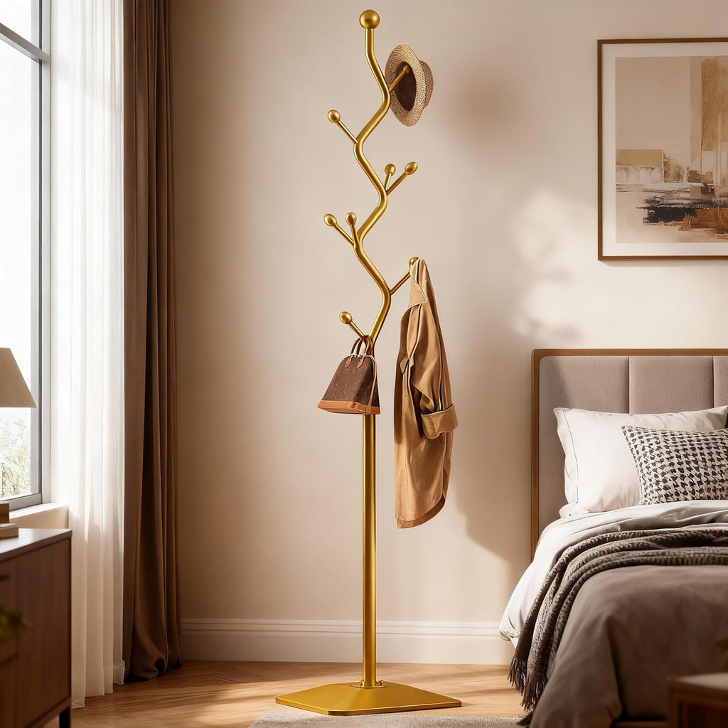 Sturdy Metal Coat rack Tree – Anti-Tip Design with 8 Hooks, Perfect for Home, Dorm, or Office Organization (gold)