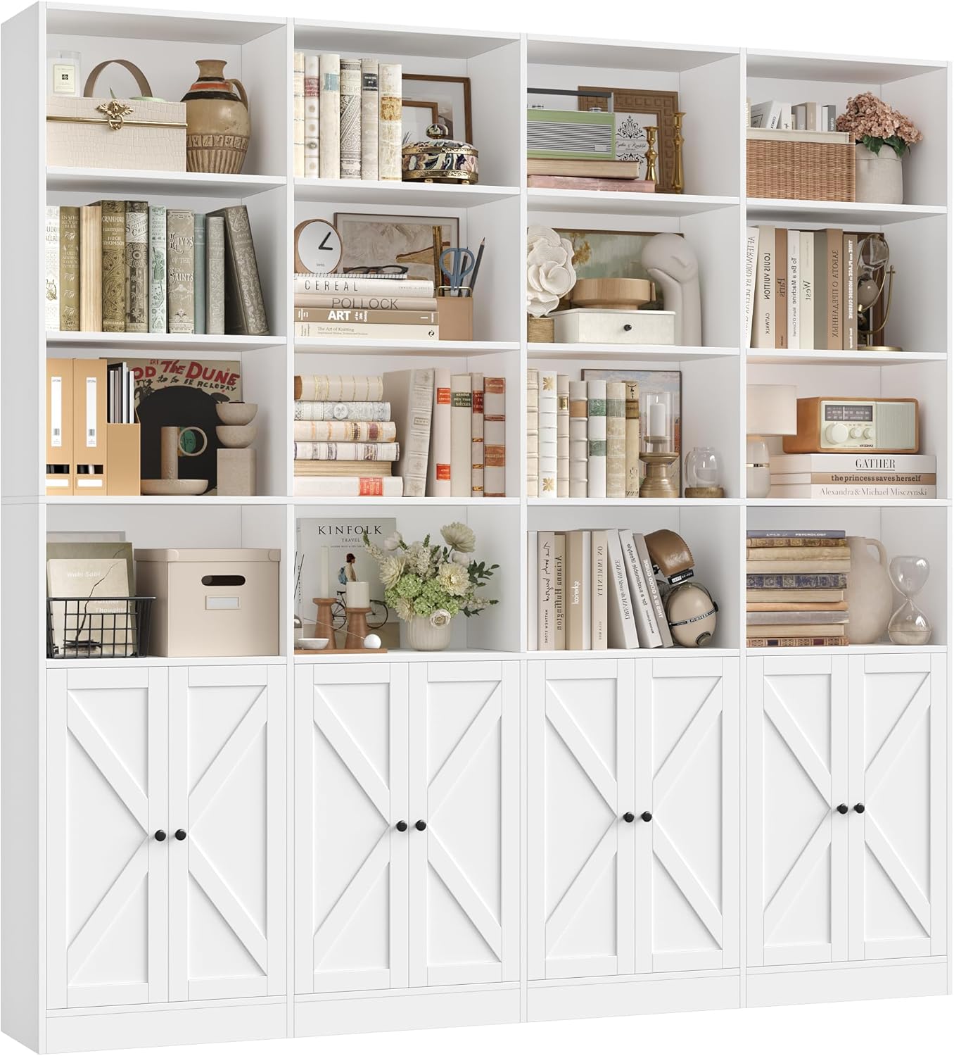 FACBOTALL 70.9" Wide Bookshelf, 6 Tier Farmhouse Bookshelf with 8 Doors, Large Bookcase with 18 Storage Shelves, Tall Bookshelves and Bookcases, Modern Bookshelves for Living Room, White