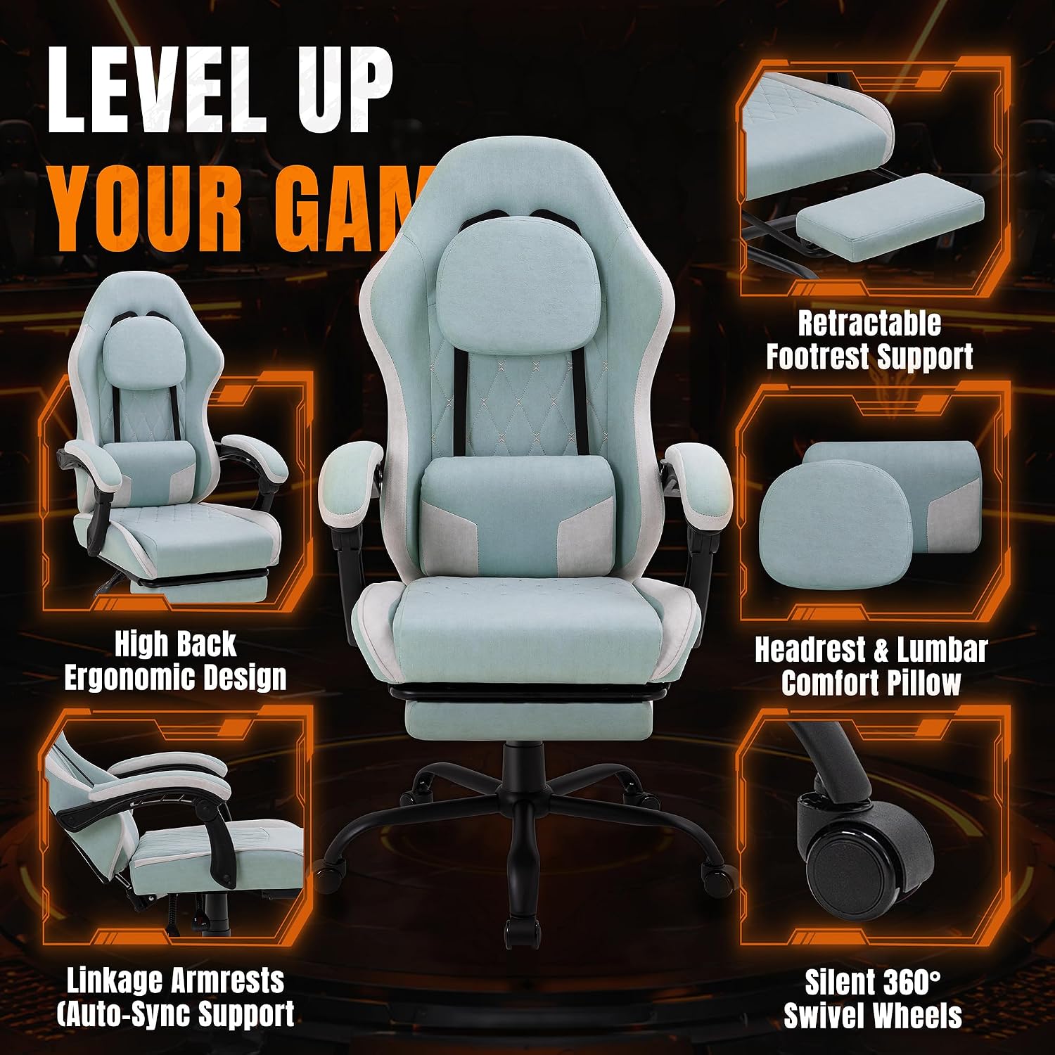 Shintenchi Gaming Chair, Ergonomic Office Chair with Footrest, Lumbar Support and Linkage Armrests, Swive Home Video Game Chairs for Adults, Blue