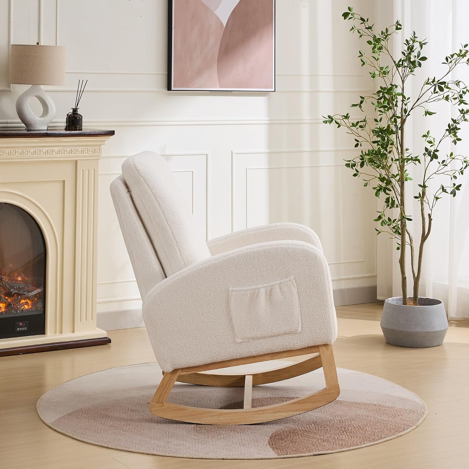 27.2" W Sherpa Glider Chair for Nursery – High Back Rocking Accent Armchair with Side Pockets & Rubber Wood Legs – Ivory Comfort Chair for Living Room, Bedroom