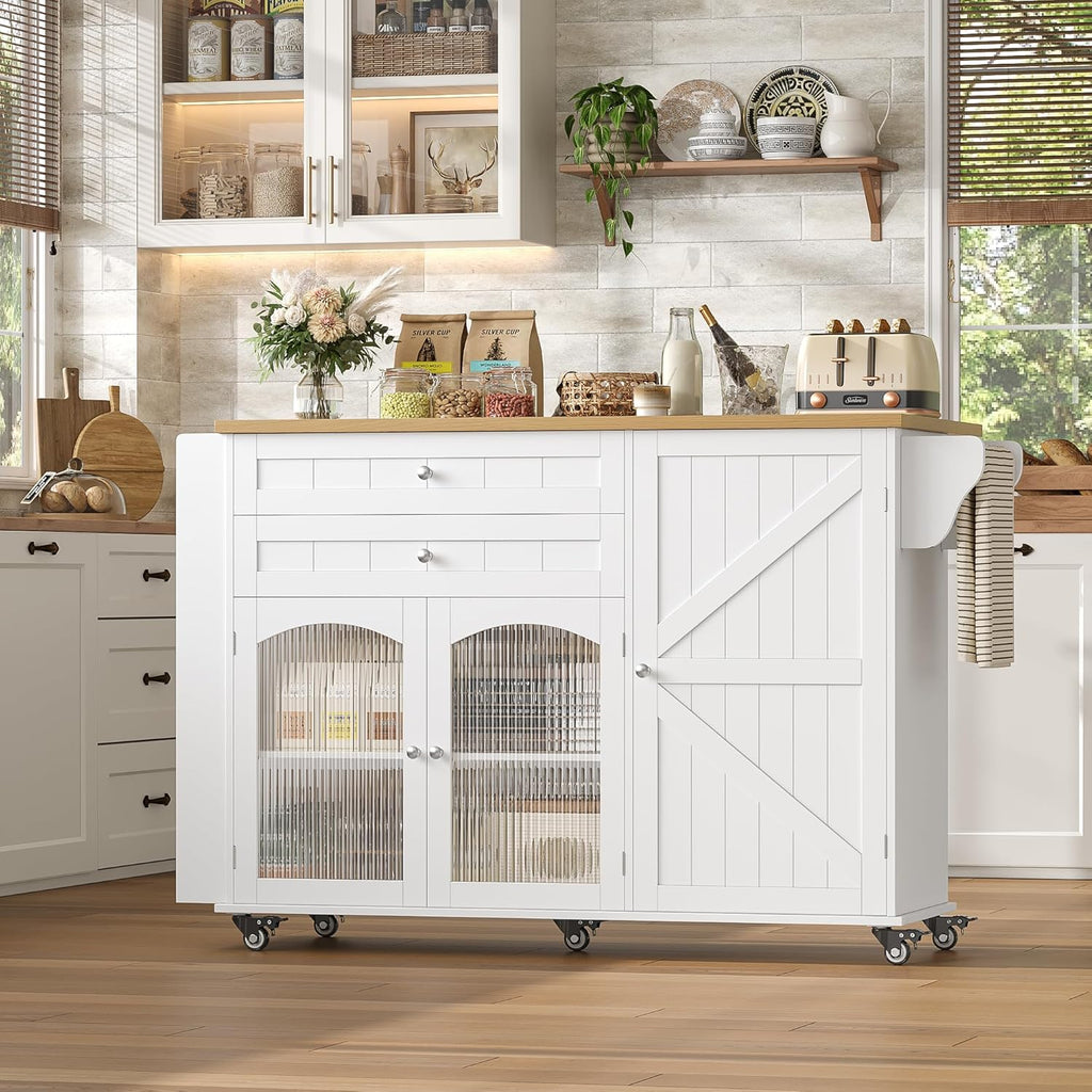 FINETONES Kitchen Island with Storage, Rolling Kitchen Island on Wheels with Wood Drop Leaf Countertop, Island Table Bar Cart with Spice Towel Rack Portable Kitchen Table Kitchen Carts on Wheels