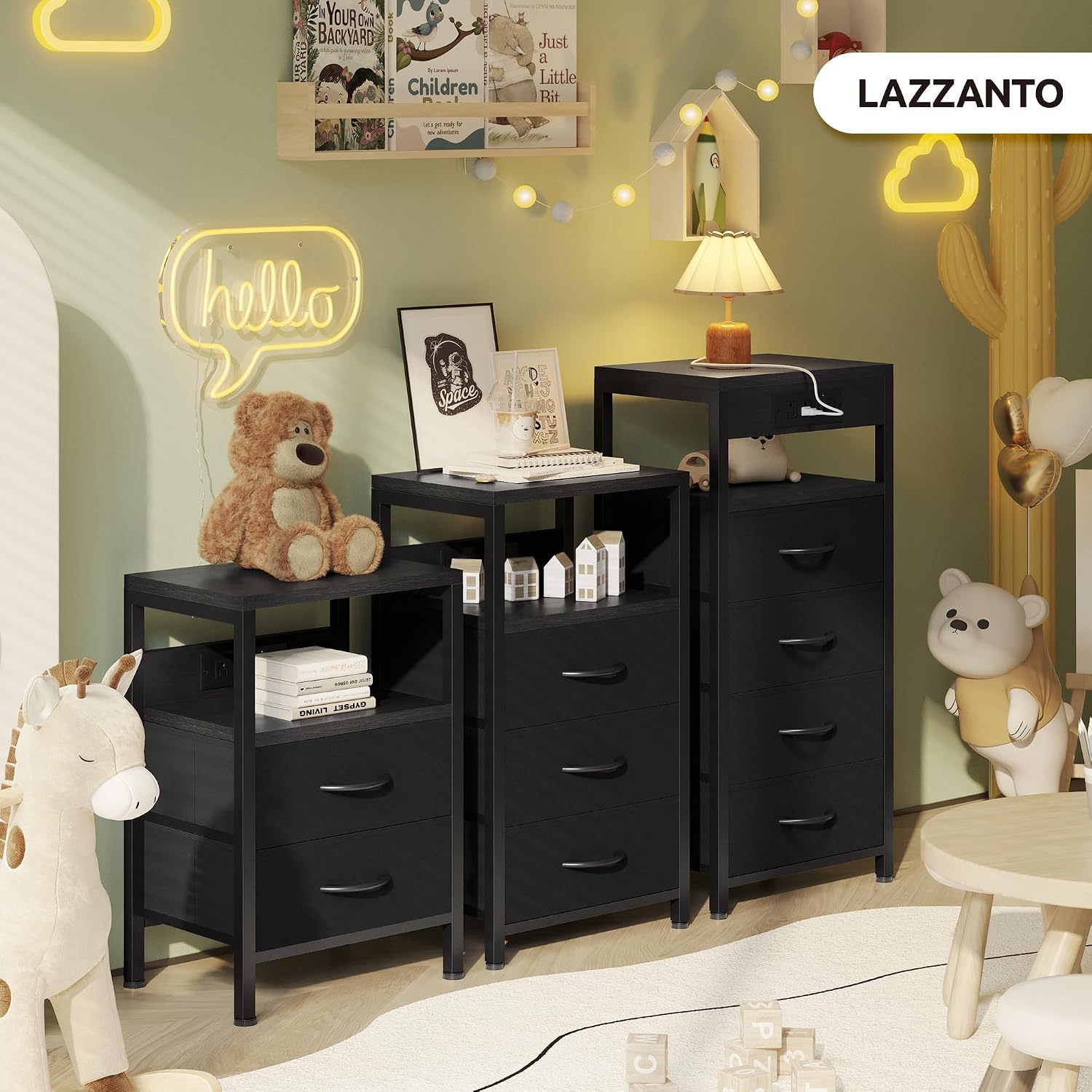 Lazzanto Night Stand with Charger Station for Bedroom, Black Nightstand | Bedside Table, Open Shelf, 2 Fabric Drawers, Built in USB-A, USB-C Port & AC Outlets, For Dorm, Living Room, Bedroom