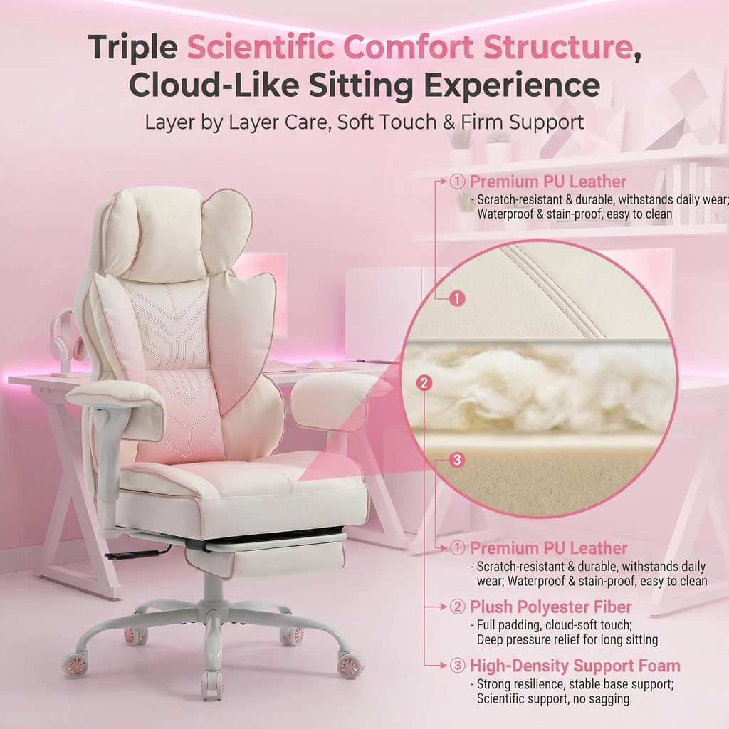 Big and Tall Gaming Office Chair 400lbs - Heavy Duty Ergonomic Computer Desk Chair with Footrest, Adjustable Armrests, High Back PU Leather with Racing Style (White/Pink)
