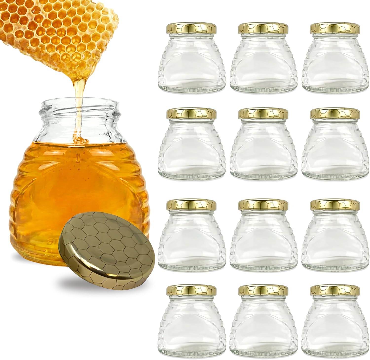 RetroPak Beehive Honey Jars with Lids, 12 Pack, 12 oz Glass Jars, Gold Hex | Perfect for farmers markets, gift baskets, and cottage food sales