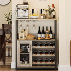 GarveeHome 3-Tier Wine Bar Cabinet with LED Lights & Wine Rack, Liquor Cabinet with Storage, Coffee Bar Cabinet with Glass Holder & Mesh Door, Sideboard Buffet Bar for Living Room, Dining Room, Grey