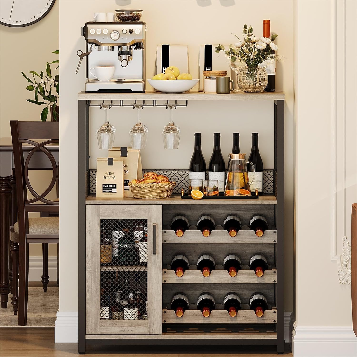 GarveeHome 3-Tier Wine Bar Cabinet with LED Lights & Wine Rack, Liquor Cabinet with Storage, Coffee Bar Cabinet with Glass Holder & Mesh Door, Sideboard Buffet Bar for Living Room, Dining Room, Grey