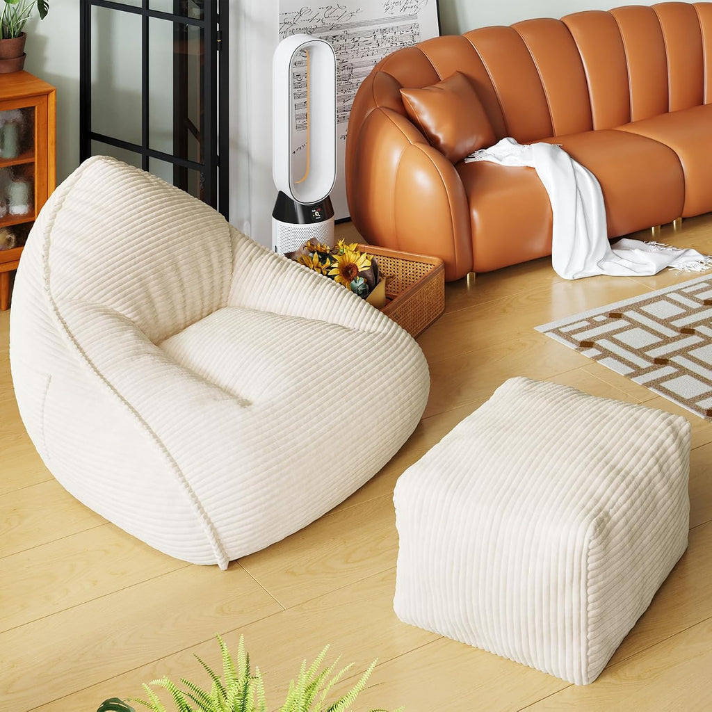 Cloud Large Bean Bag Chair with Ottoman, Corduroy Fabric+35D Memory Foam Big Beanbag Chair for Adults,Lounger Chairs Sofa Boneless Puff Chair for Living Room (Beige) (Beige, Clouds)
