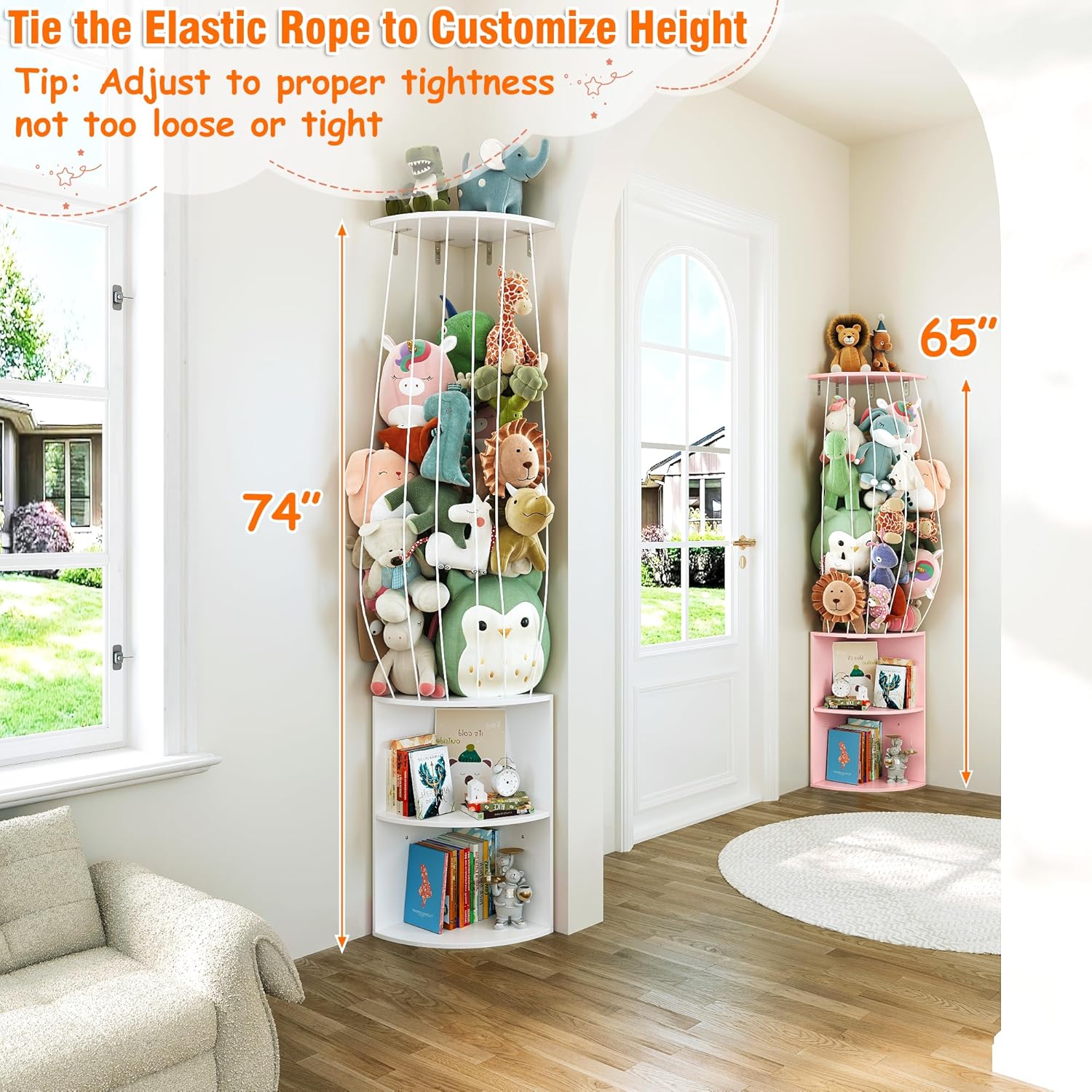 74.7" H Stuffed Animal Storage with 2-Tier Corner Bookshelf - Wall Mount Height Adjustable Plush Toy Organizer, Wooden Kids Bookshelf for Small Spaces Nursery Playroom Kids Room, White