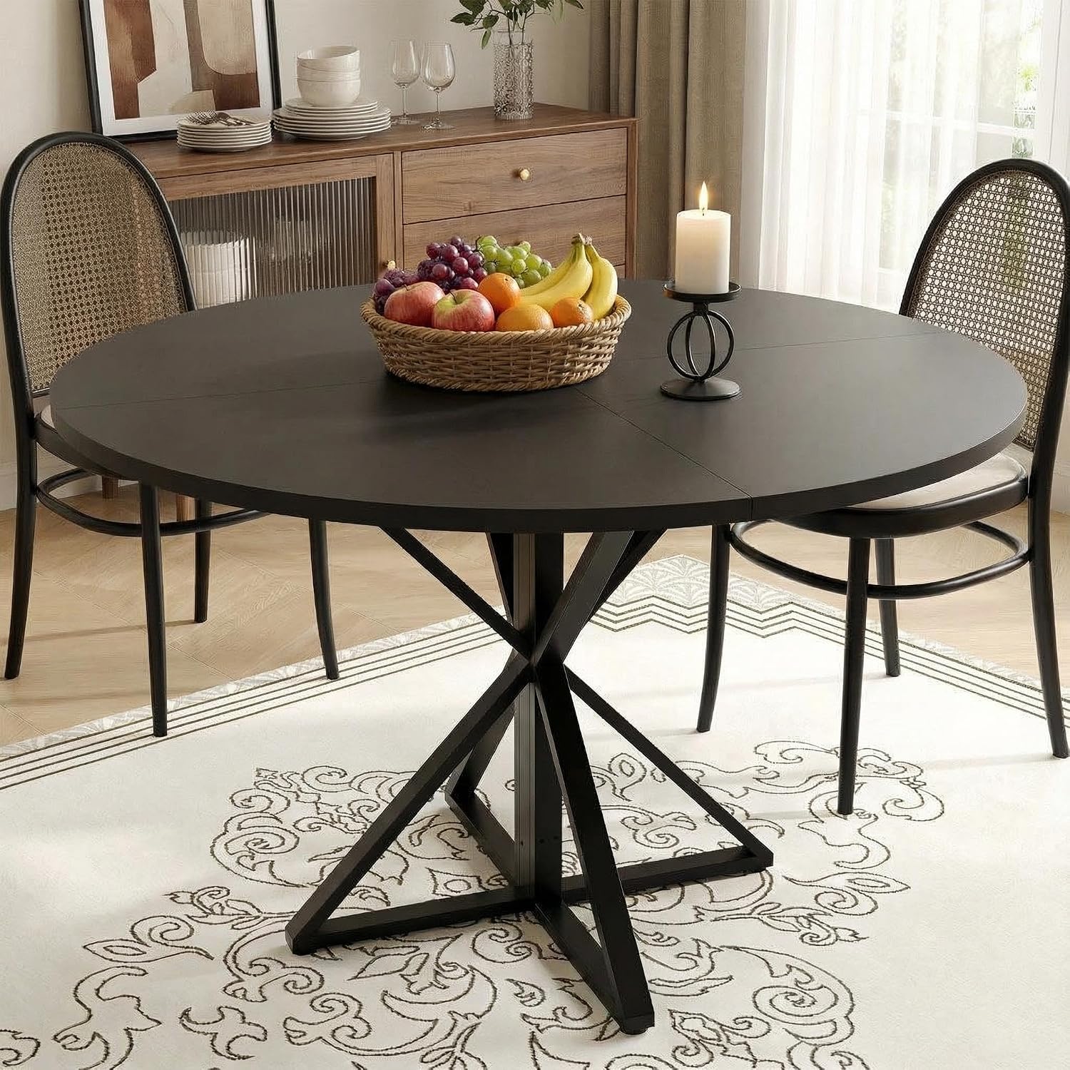 GarveeHome 47 Inch Round Dining Table for 4, Circle Kitchen Table with Pedestal Base, Farmhouse Wooden Dining Table for Small Spaces, Kitchen & Dining Room, Living Room（Black/Only Table）