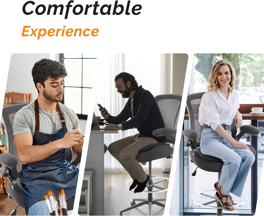 Drafting Chair Tall Office Chair, Ergonomic Standing Desk Computer Stools with, Flip-up Armrests, Adjustable Height and Big Foot-Ring, Comfortable Double Seat Cushion Foam Seat(Balck)